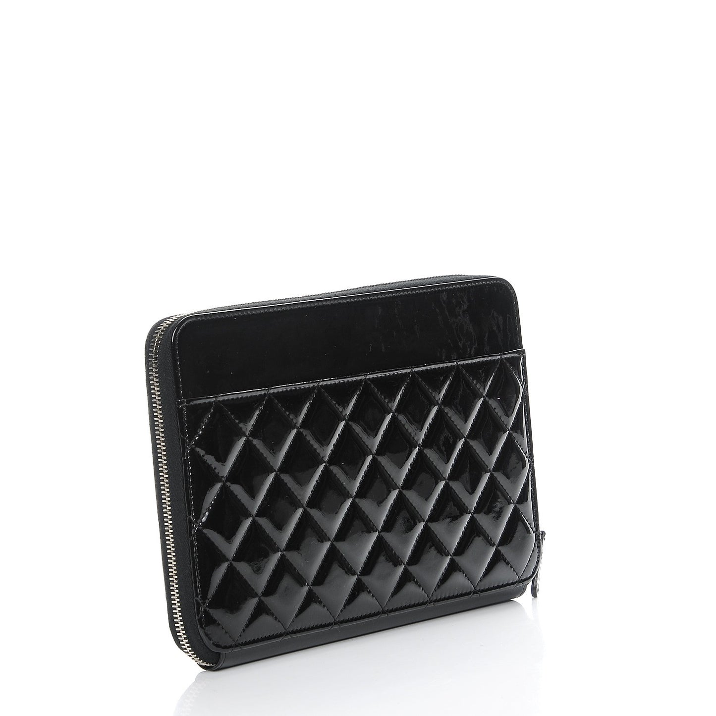 Patent Calfskin Quilted Zipped Clutch Black