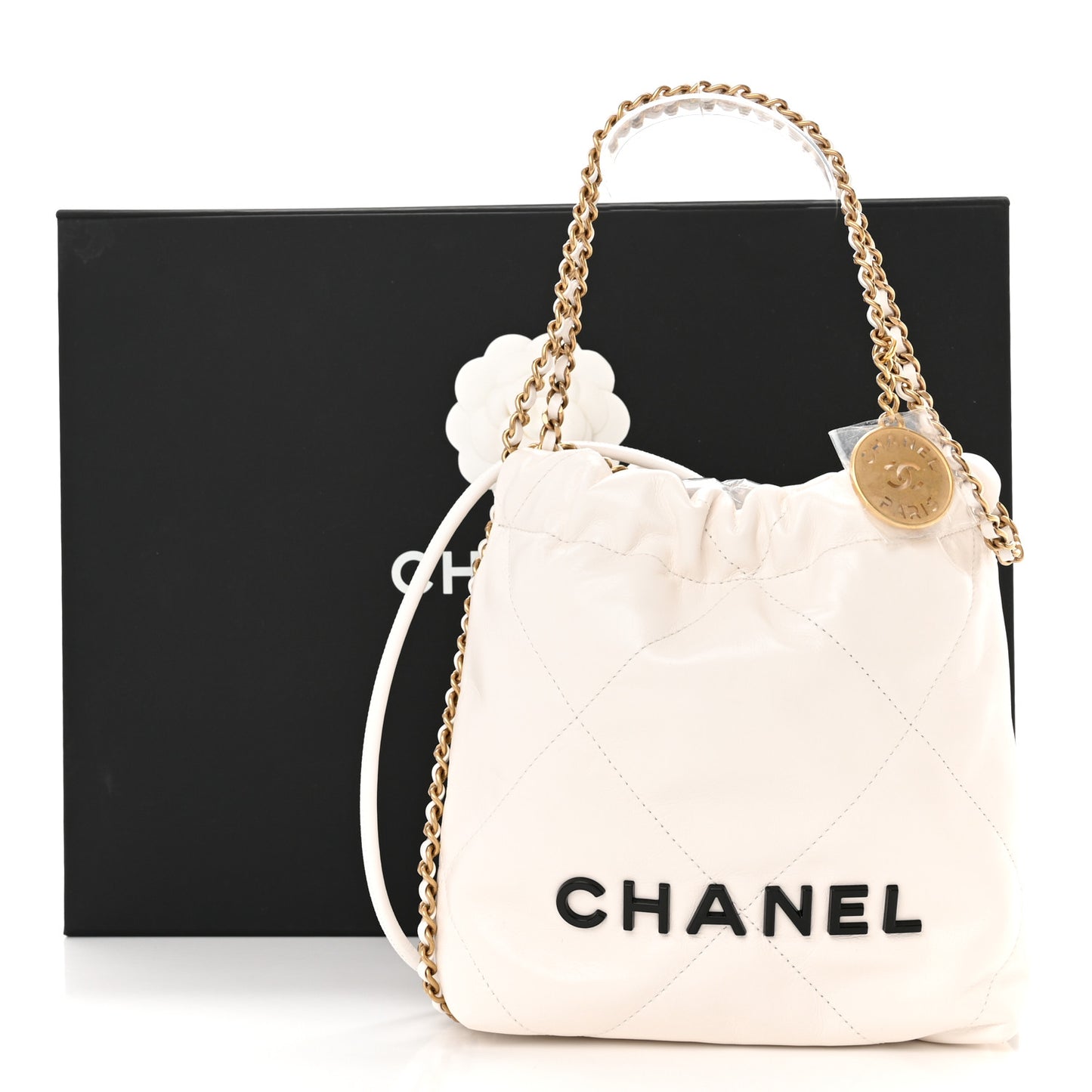 Shiny Calfskin Quilted Mini Chanel 22 White Black