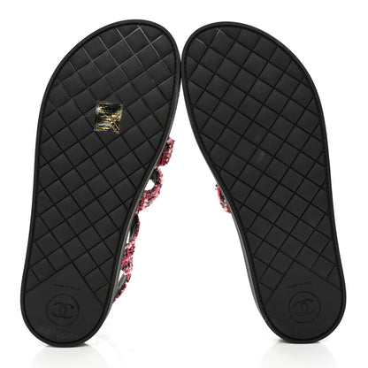 Chanel Tweed Pearl Flat Sandals 37.5 Red Black 5 of 10