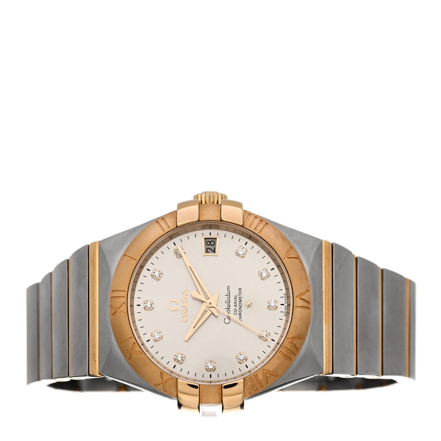 Stainless Steel 18K Yellow Gold Diamond 35mm Constellation Co-Axial Automatic Watch Silver 123.20.35.20.52.002