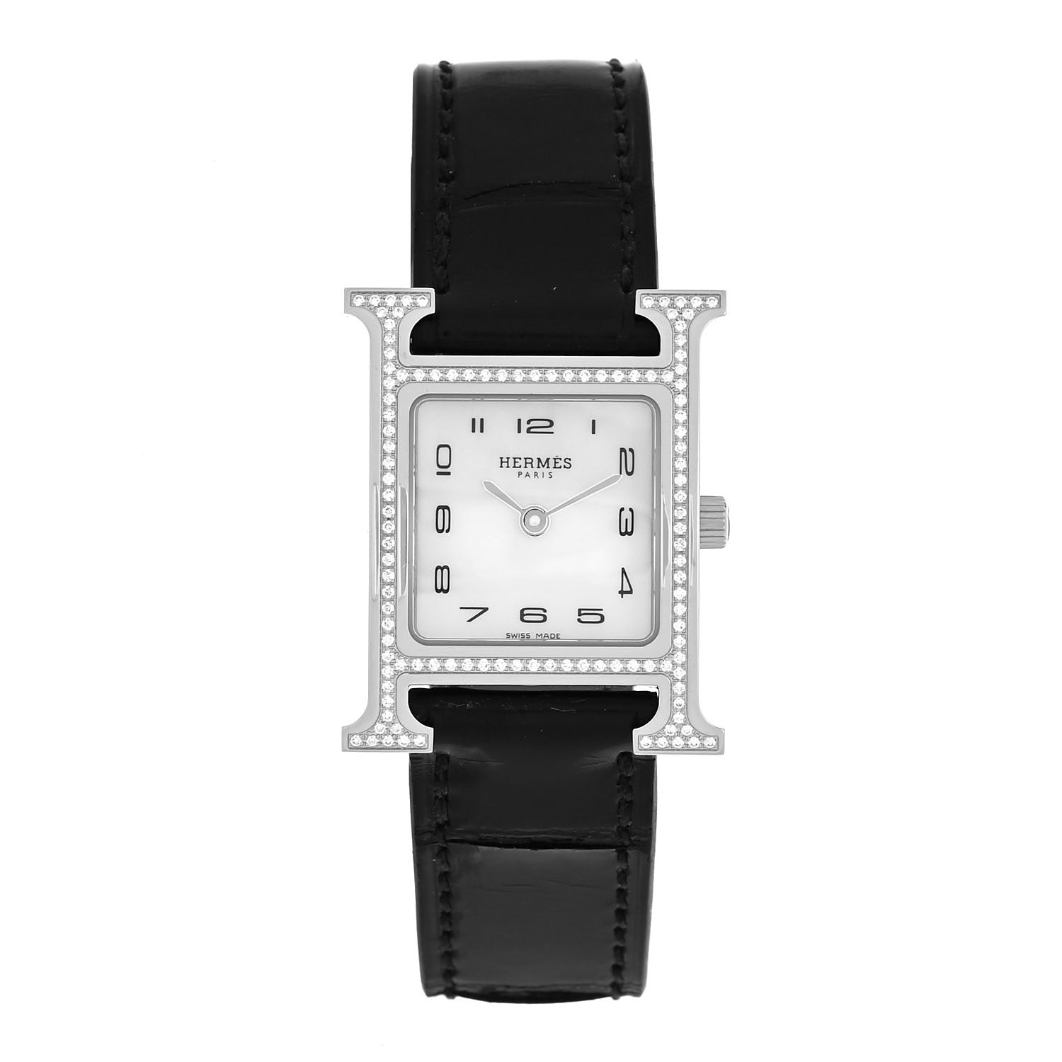 Hermes Stainless Steel Alligator Diamond Bezel Mother of Pearl 21mm Heure H Hour Quartz Watch Noir 1 of 5