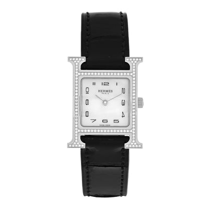 Hermes Stainless Steel Alligator Diamond Bezel Mother of Pearl 21mm Heure H Hour Quartz Watch Noir 1 of 5