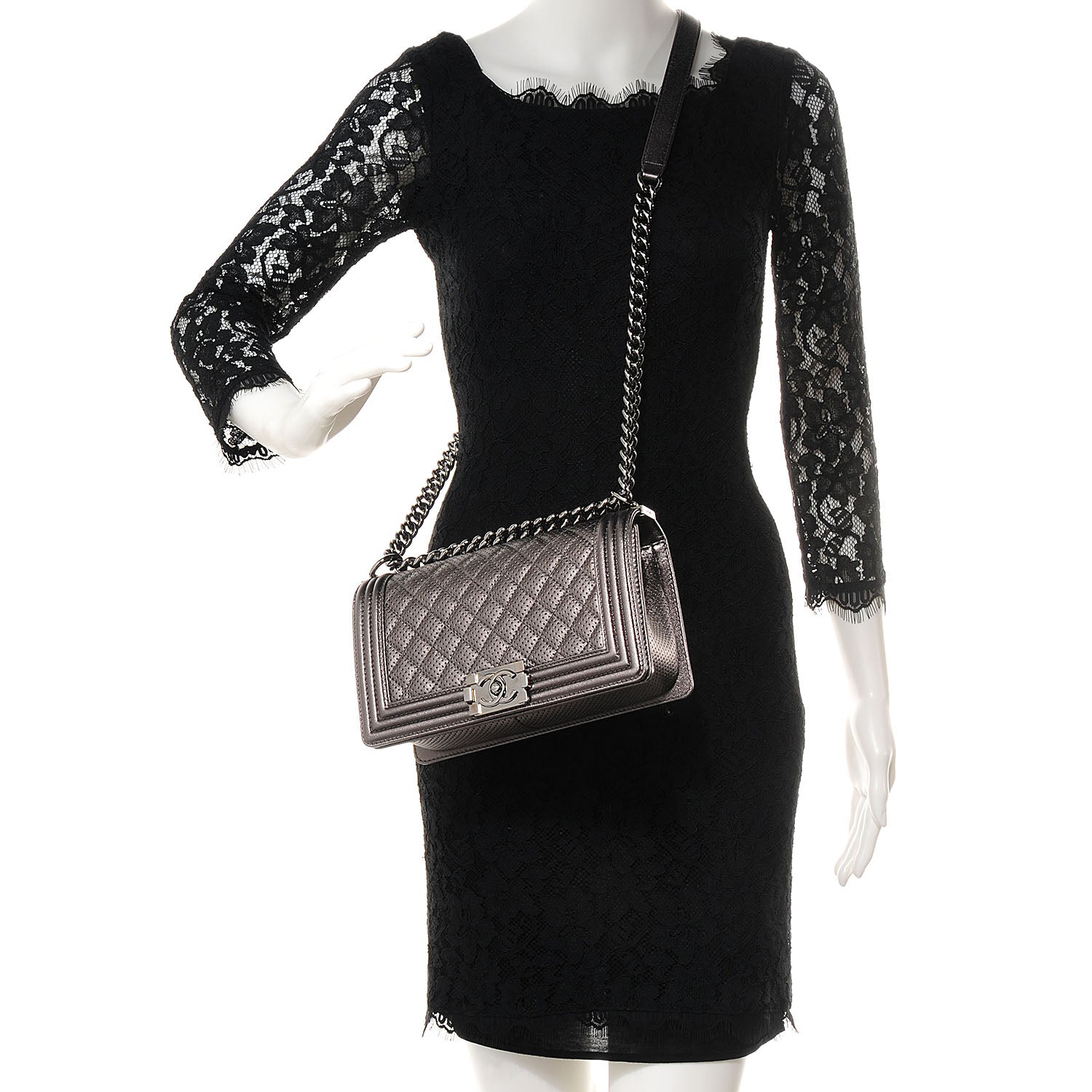 Chanel Metallic Lambskin Perforated Medium Boy Flap Dark Silver 2 of 9
