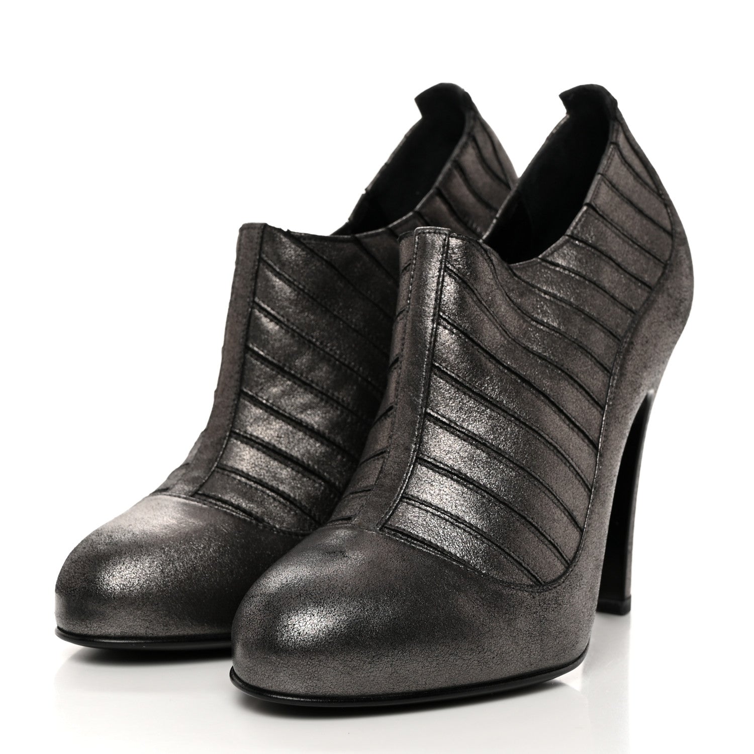 Chanel Metallic Ribbed Short Boot Pumps 37.5 Dark Grey 3 of 8