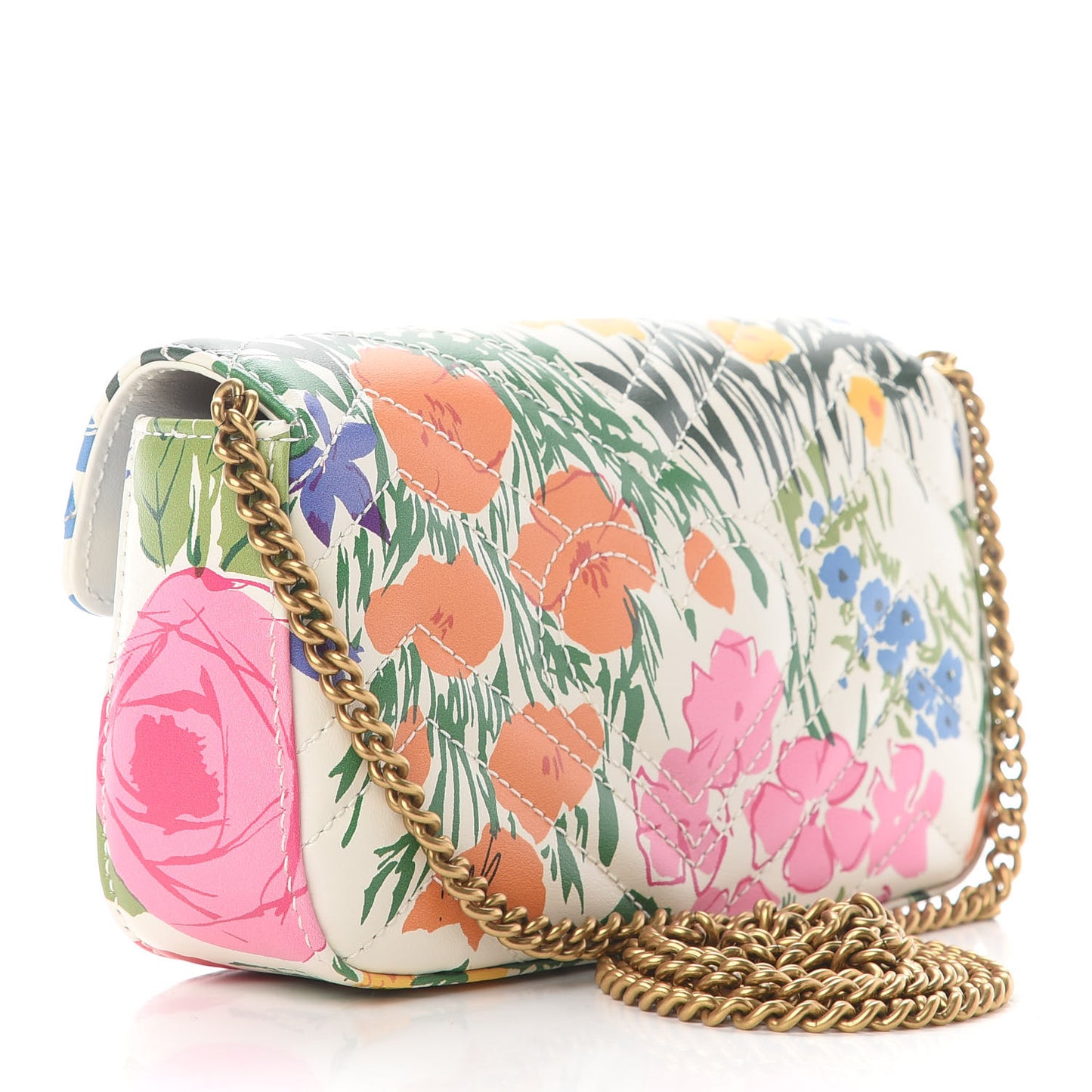 X KEN SCOTT Calfskin Matelasse Floral Print Super Mini GG Marmont Shoulder Bag Ivory Pink
