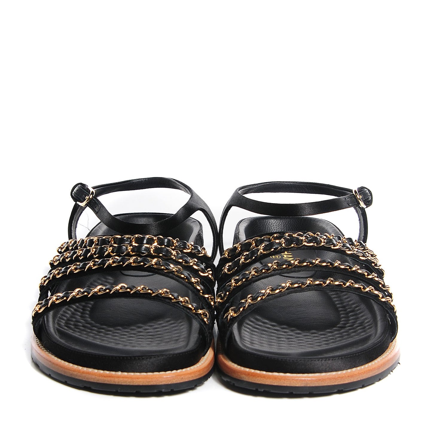 Satin Lambskin Chain Flat Sandals 40.5 Black