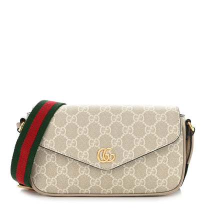 Gucci GG Supreme Monogram Textured Dollar Calfskin Web Mini Ophidia Envelope Shoulder Bag Beige Mystic White Oatmeal 1 of 11