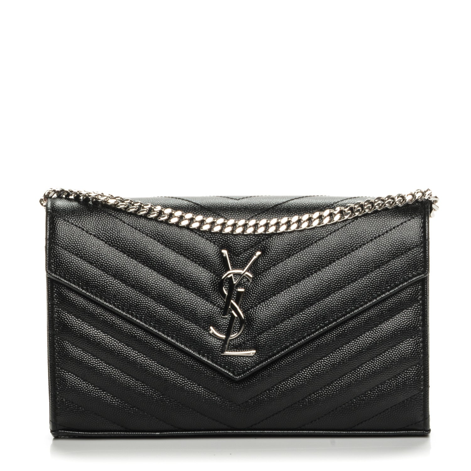 Saint Laurent Grain De Poudre Matelasse Chevron Monogram Chain Wallet Black 1 of 7