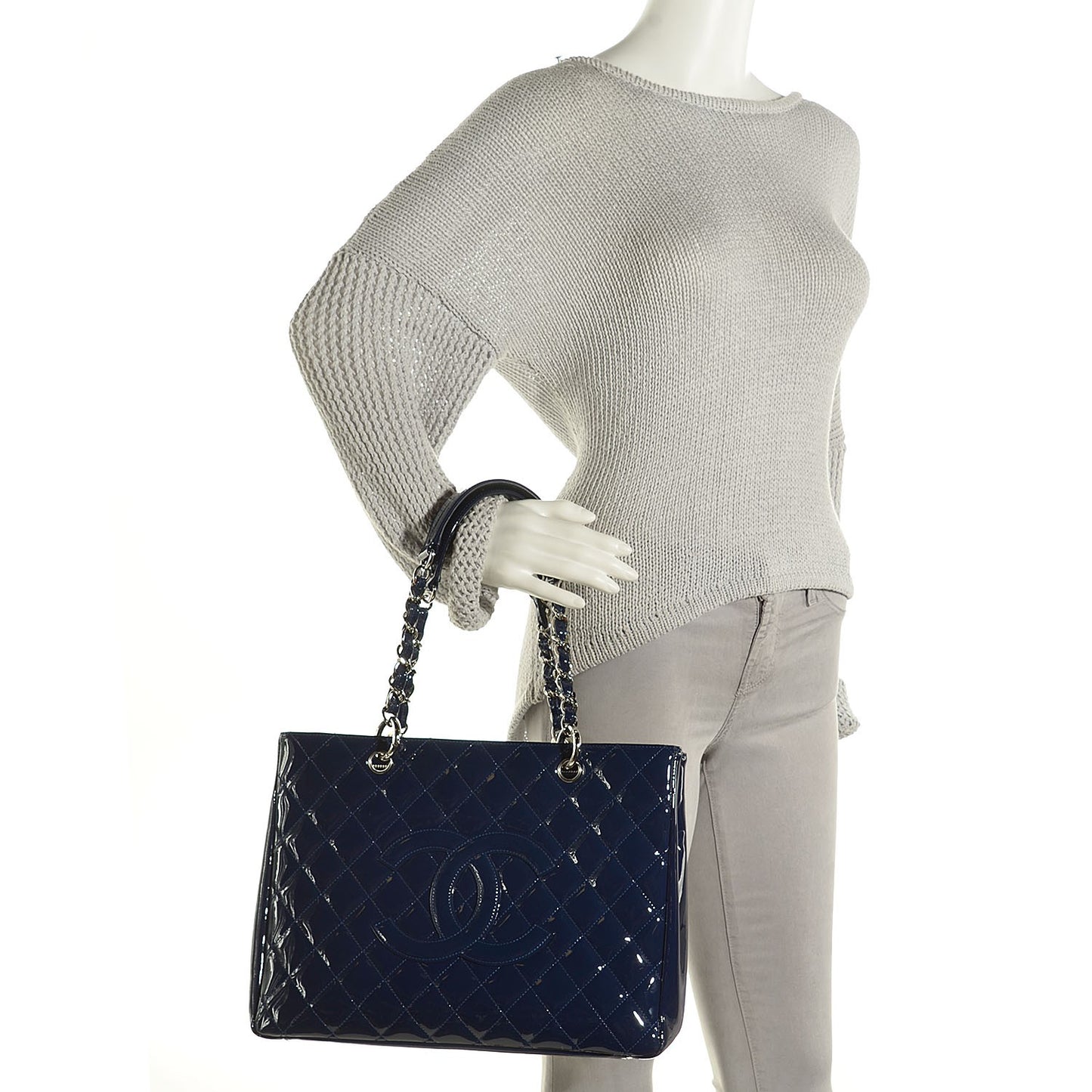 Quilted Patent Grand Shopping Tote GST Navy Blue