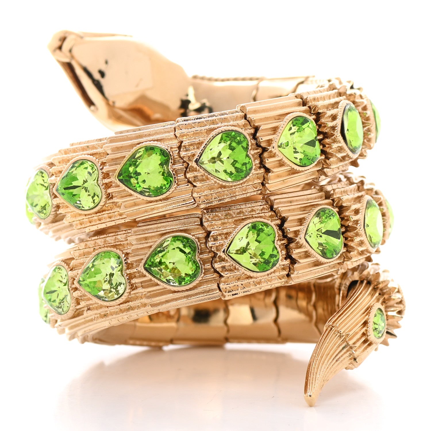 Gucci Crystal Heart Triple Wrap Snake Bracelet M Green Gold 3 of 6