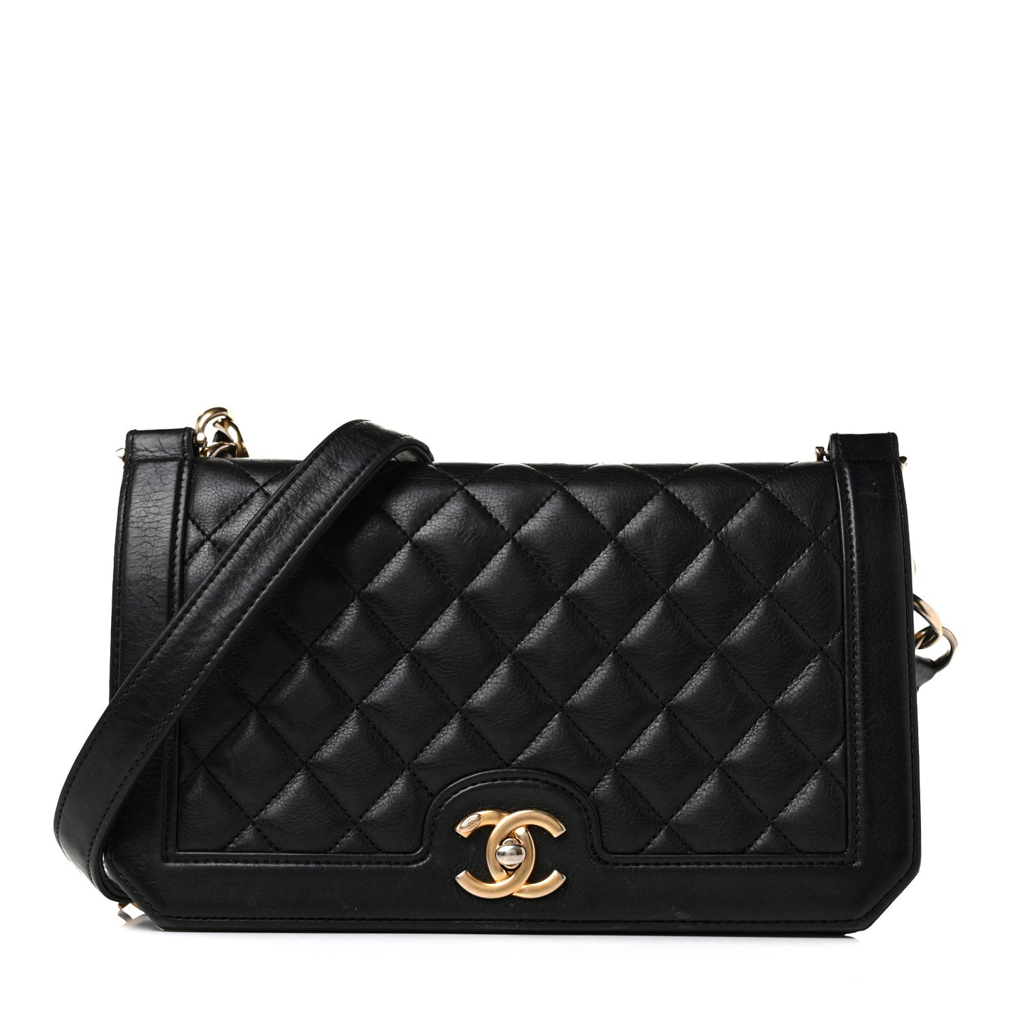Grained Calfskin Quilted Medium Flap Black