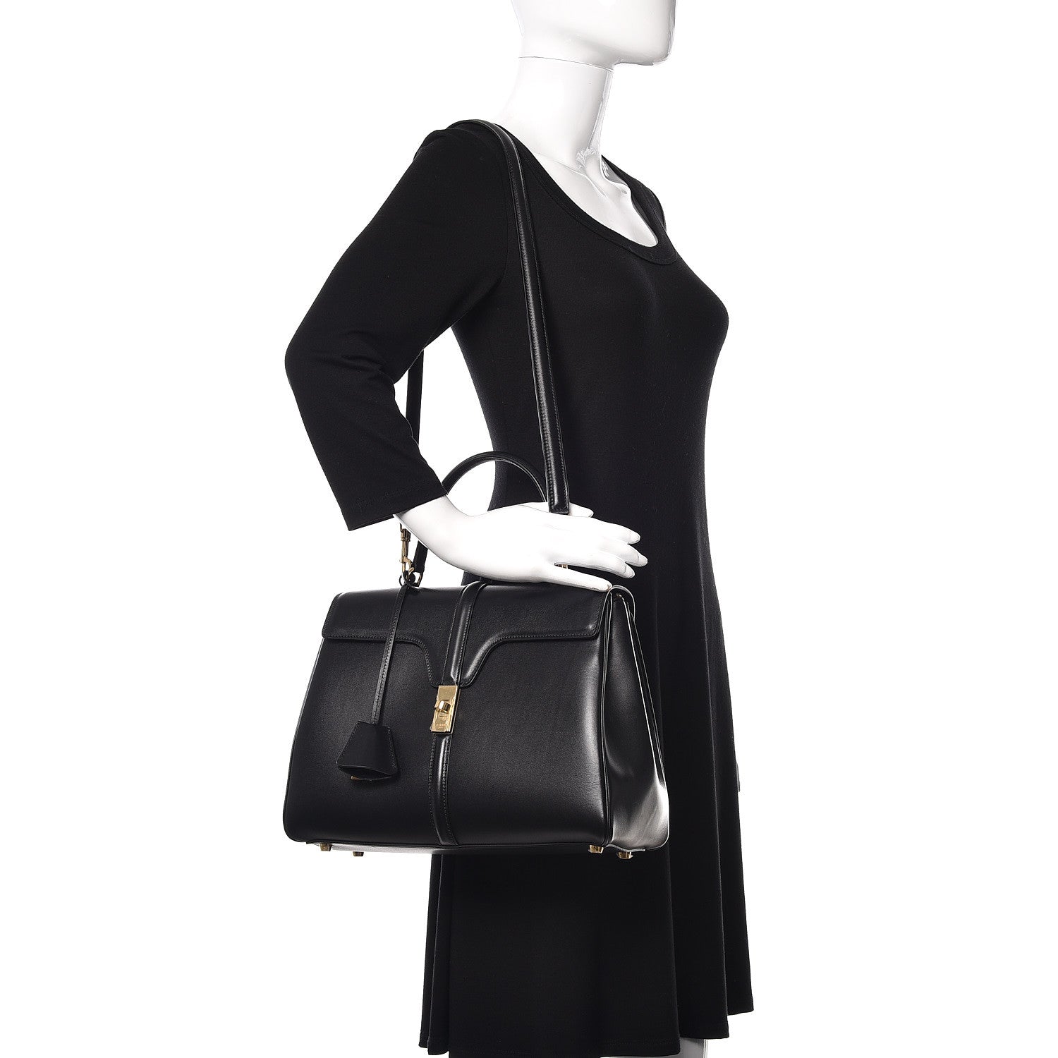 Celine Satinated Calfskin Medium 16 Top Handle Bag Black 2 of 14