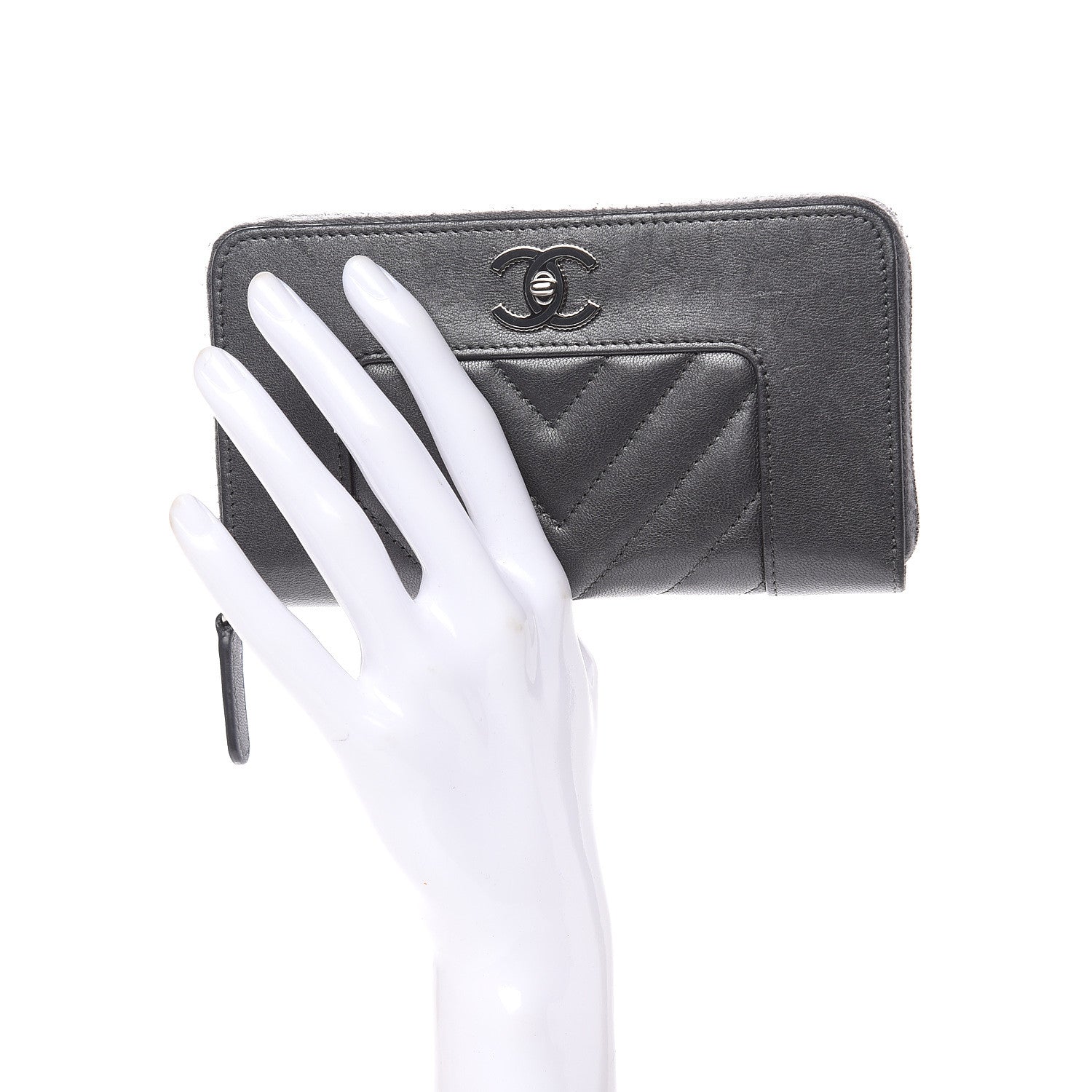 Chanel Sheepskin Chevron Quilted Mademoiselle Vintage Zip Around Wallet Grey 2 of 15