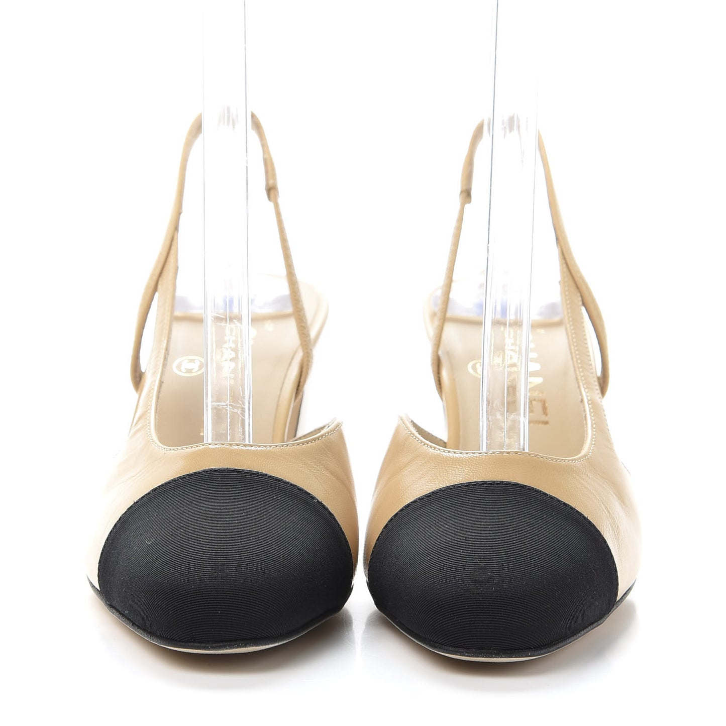 Goatskin Grosgrain Cap Toe CC Slingback Pumps 35 Beige Black
