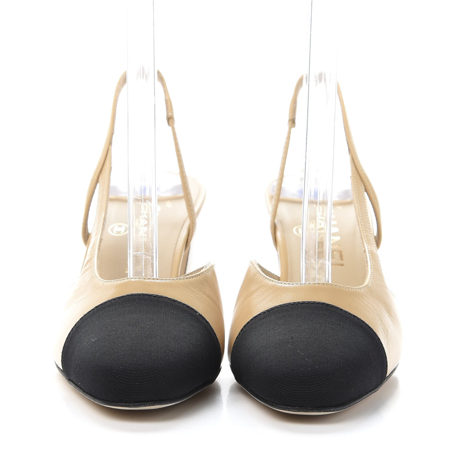 Chanel Goatskin Grosgrain Cap Toe CC Slingback Pumps 35 Beige Black 2 of 9