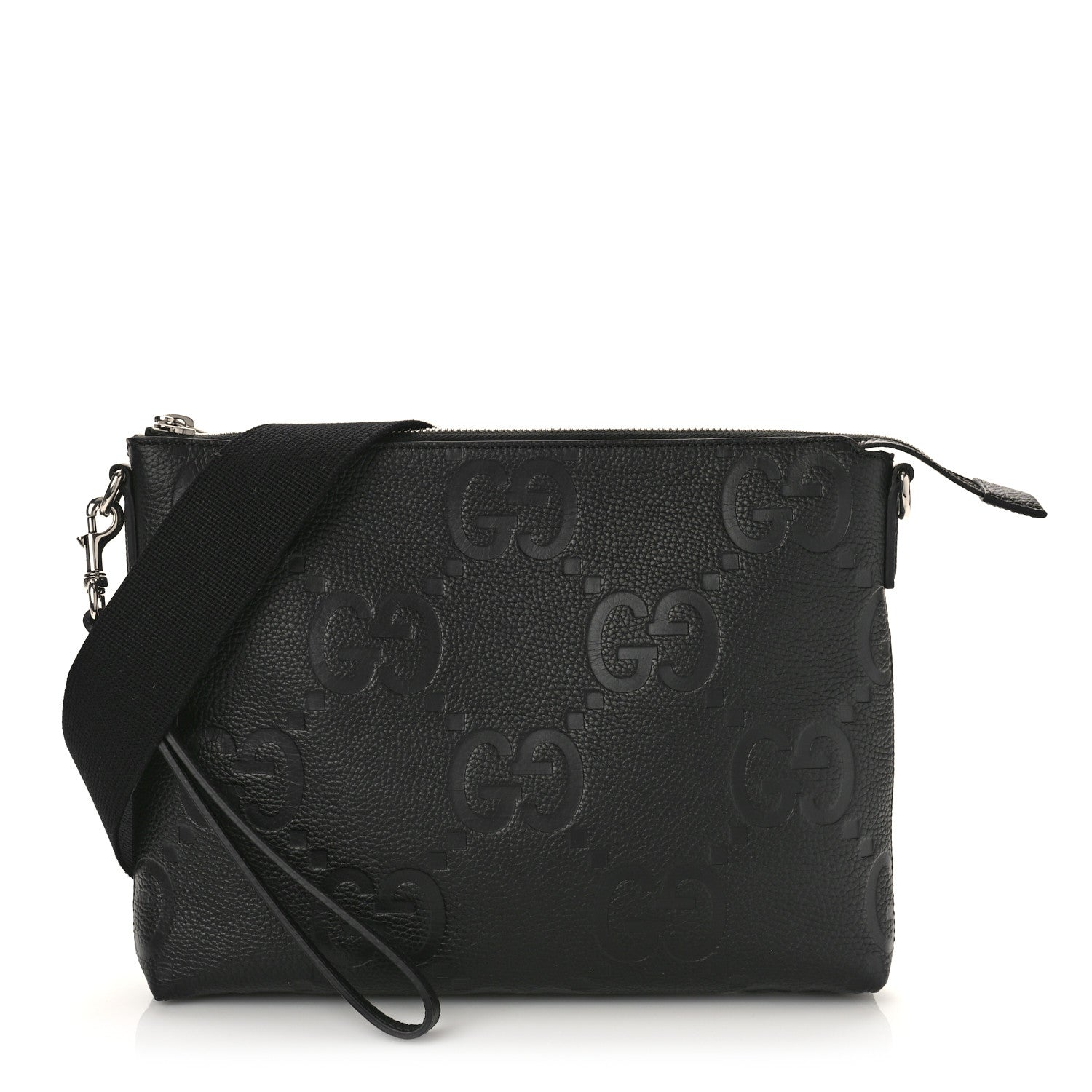 Gucci Piuma Calfskin Jumbo GG Embossed Medium Wristlet Messenger Bag Black 1 of 9