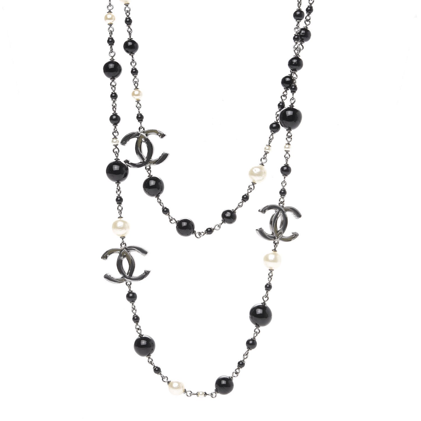 Resin Pearl Bead CC Long Necklace Silver Black White