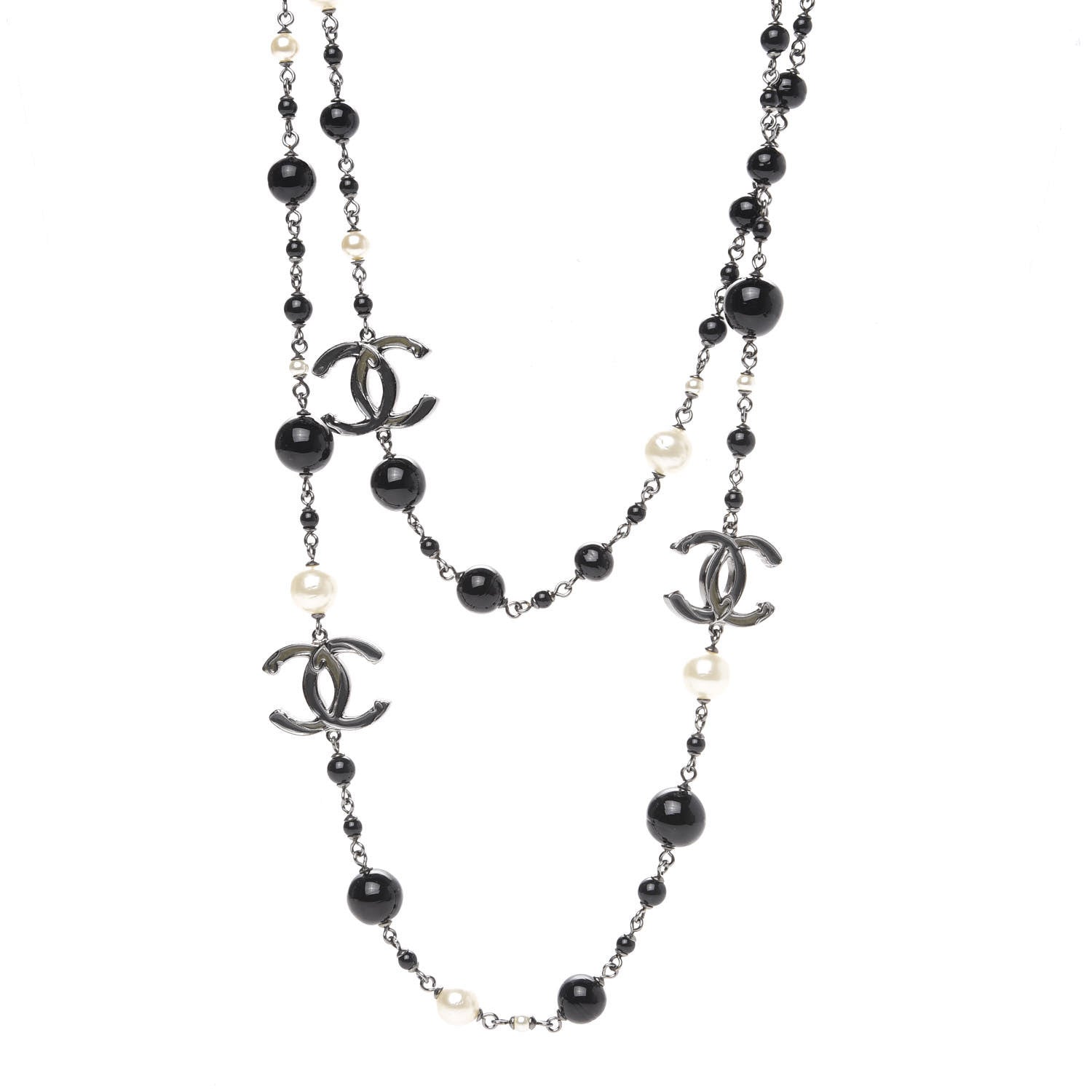 Chanel Resin Pearl Bead CC Long Necklace Silver Black White 1 of 5