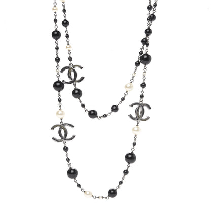 Chanel Resin Pearl Bead CC Long Necklace Silver Black White 1 of 5