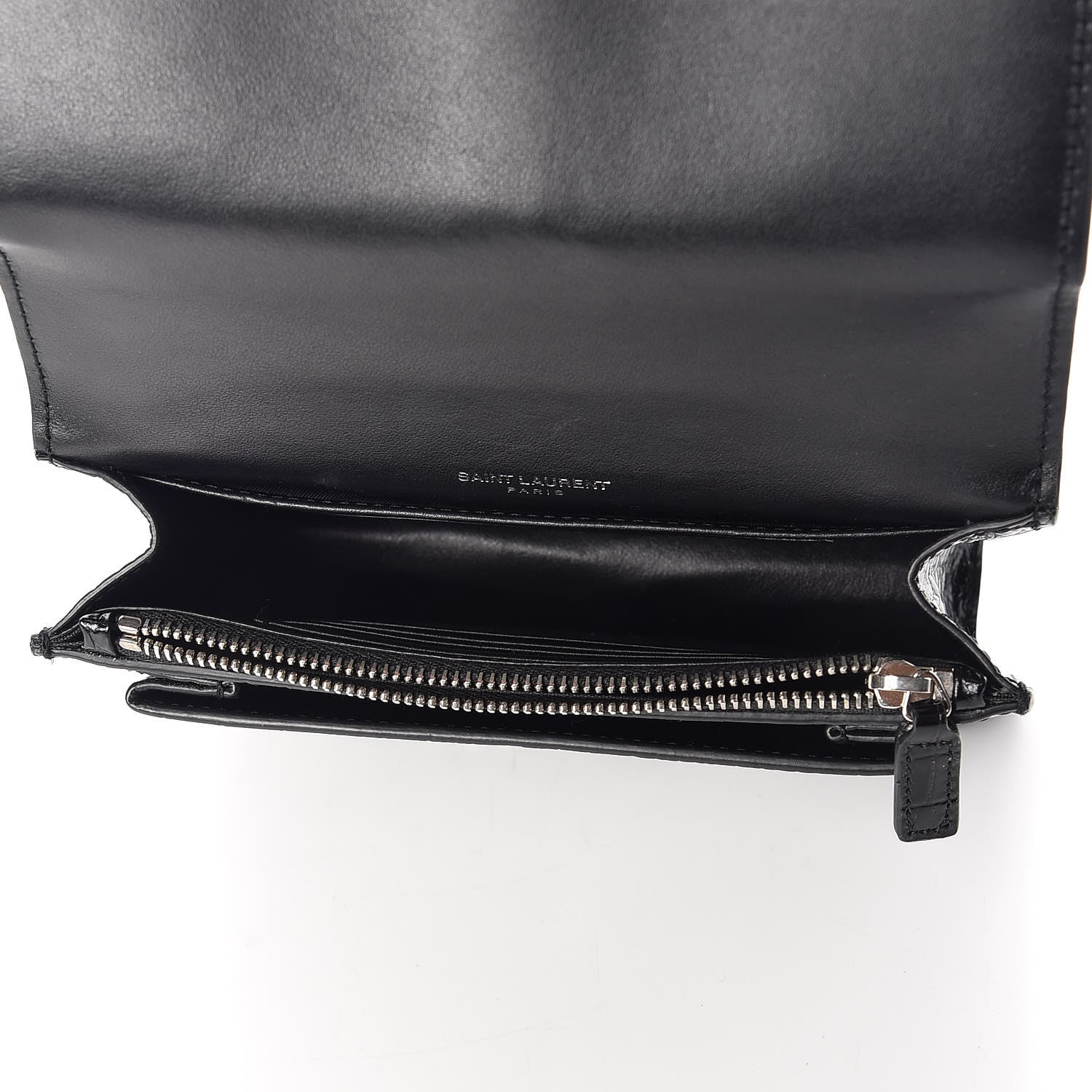 Saint Laurent Calfskin Crocodile Embossed Monogram Sunset Chain Wallet Black 7 of 9
