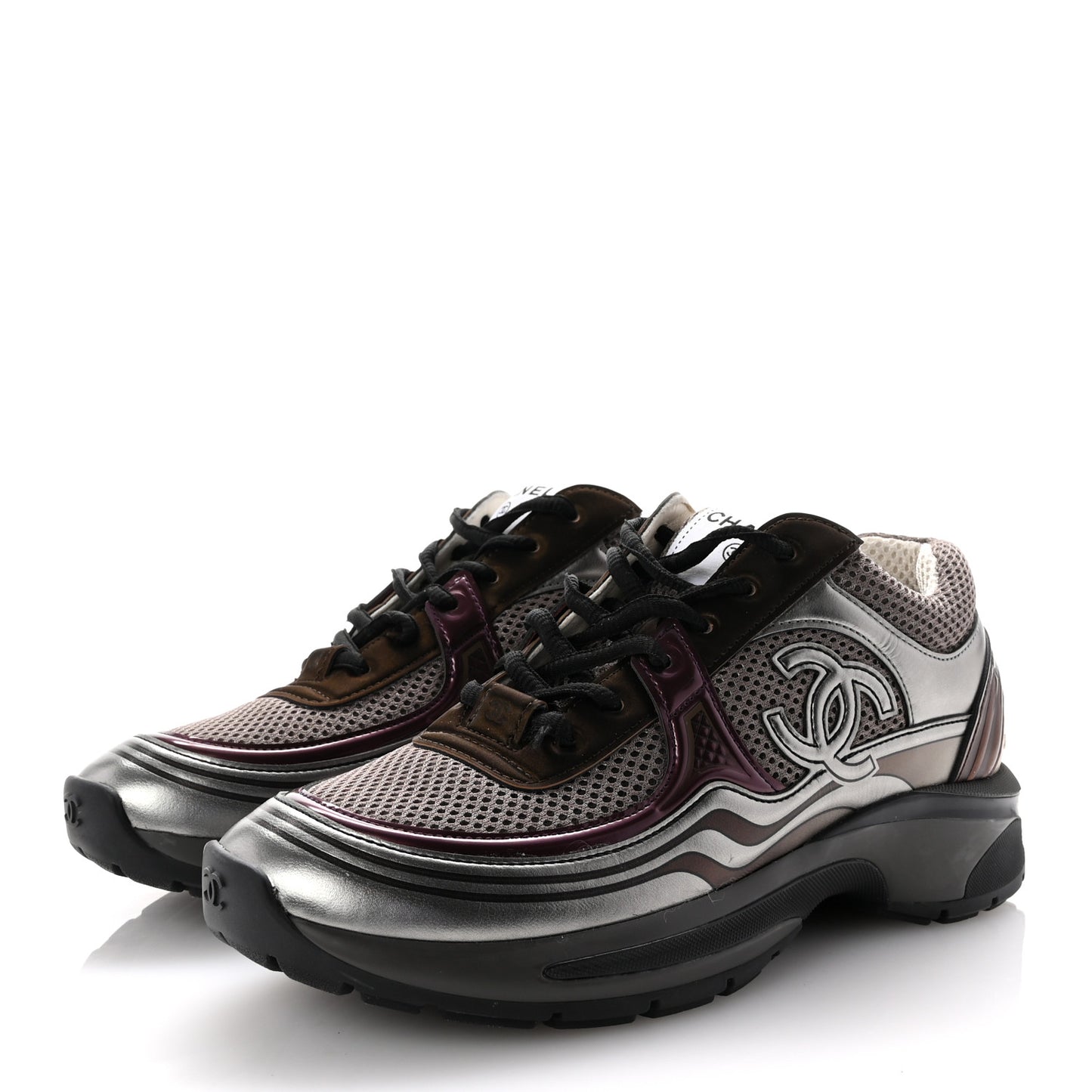 Fabric Laminated Calfskin Stretch CC Womens Sneakers 37.5 Khaki Silver Dark Purple