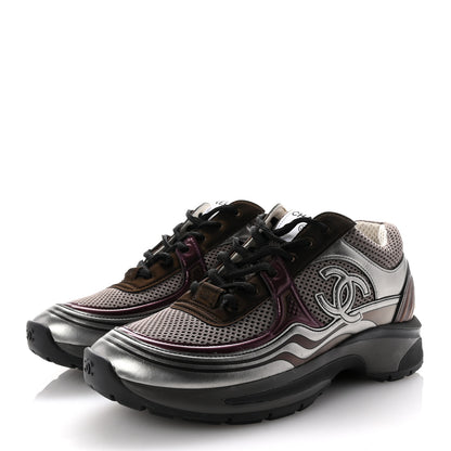 Chanel Fabric Laminated Calfskin Stretch CC Womens Sneakers 37.5 Khaki Silver Dark Purple 4 of 10