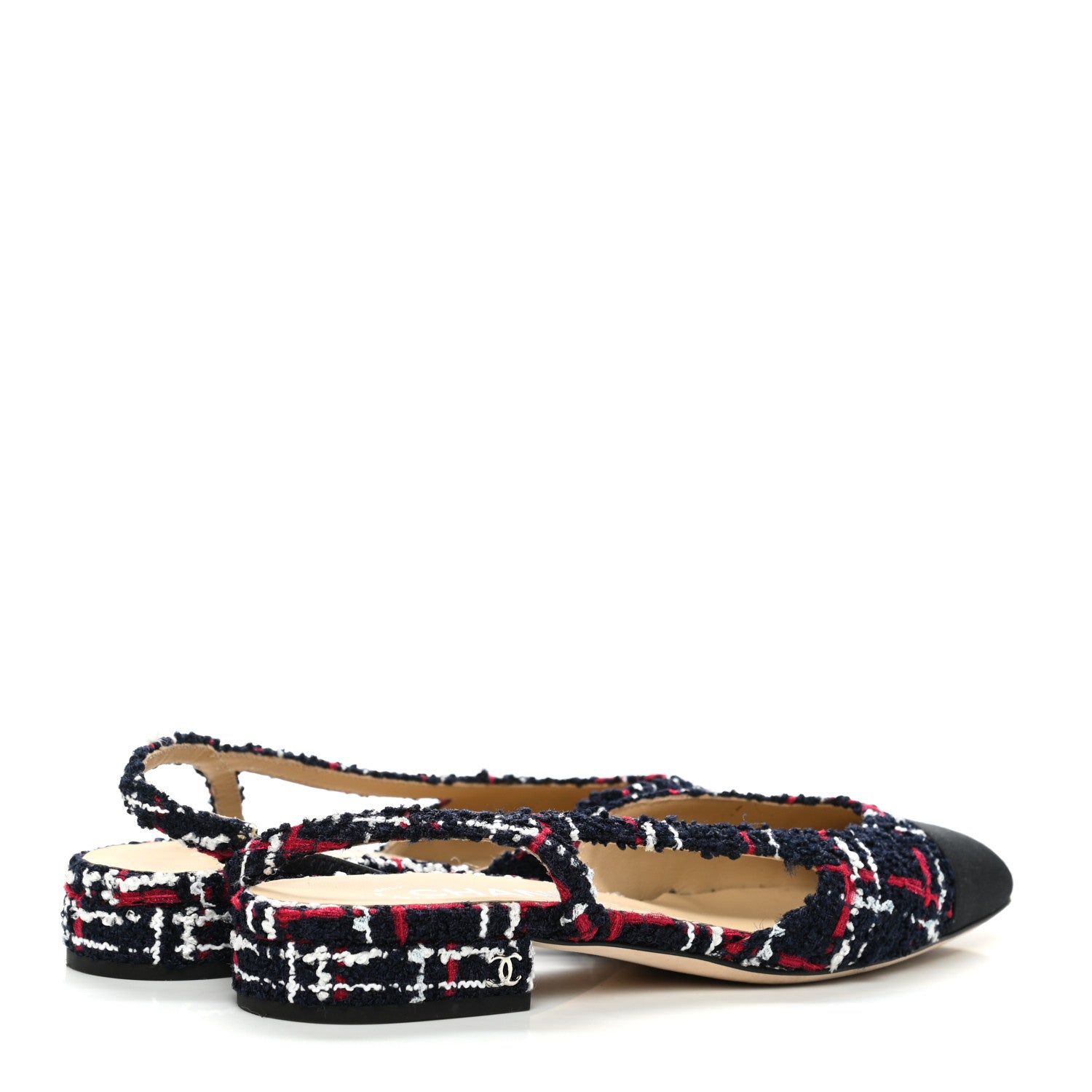 Chanel Tweed Grosgrain Cap Toe CC Slingback Flats 36 Navy Red White 4 of 10