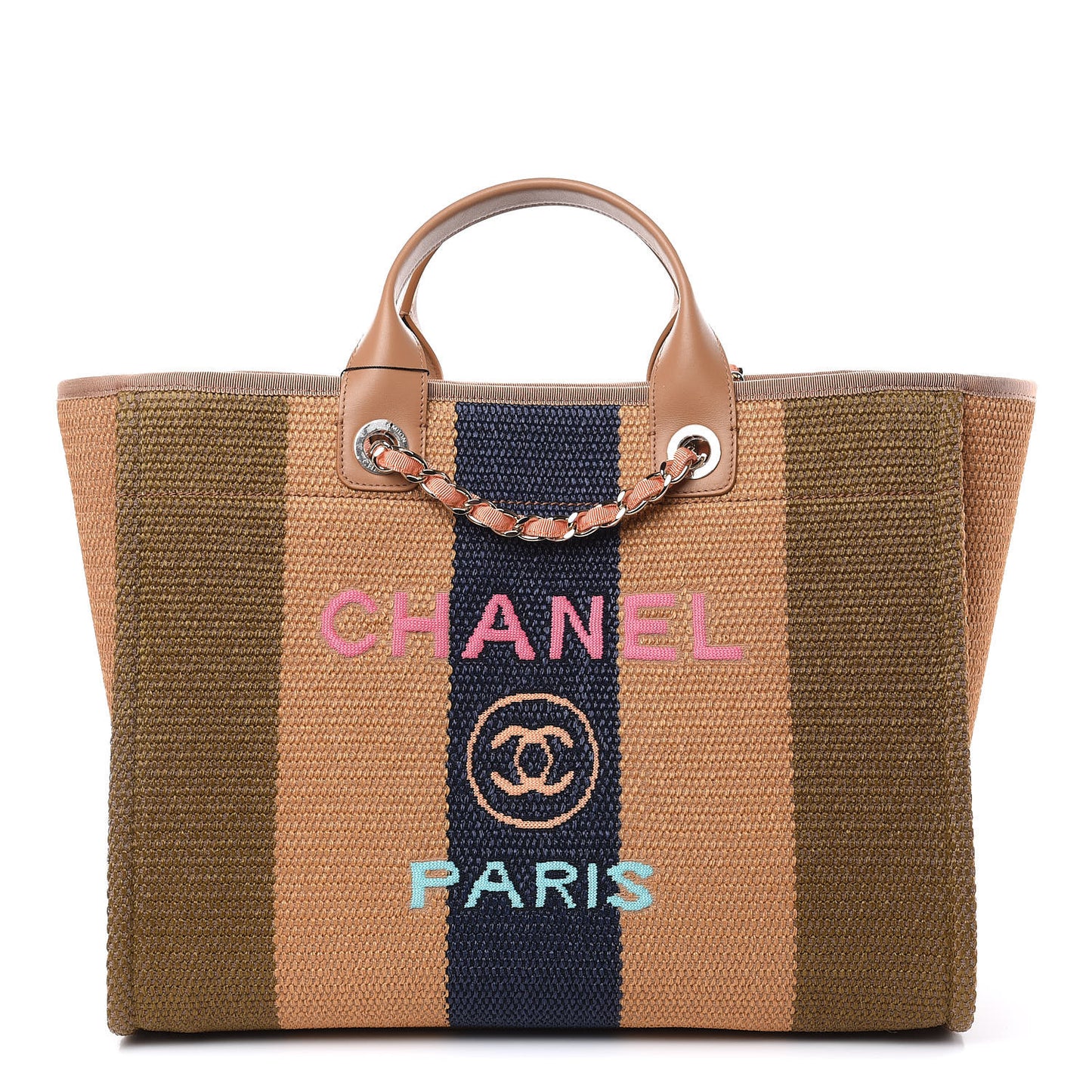 Straw Raffia Calfskin Striped Large Deauville Tote Khaki Beige Navy Blue