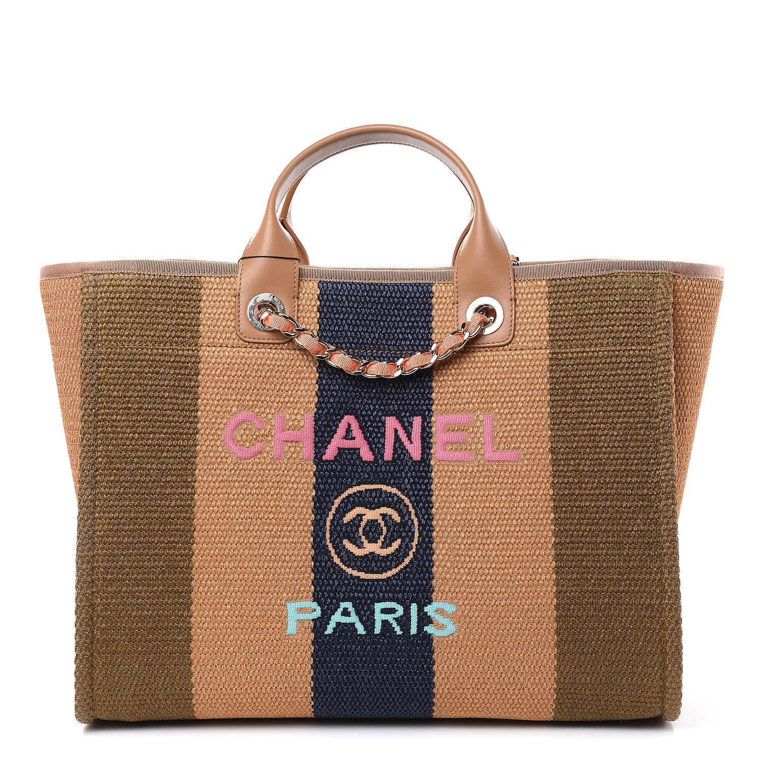 Chanel Straw Raffia Calfskin Striped Large Deauville Tote Khaki Beige Navy Blue 1 of 10