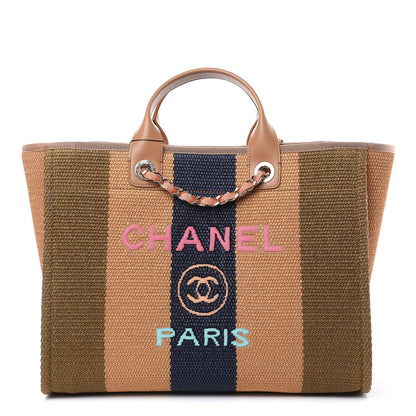 Chanel Straw Raffia Calfskin Striped Large Deauville Tote Khaki Beige Navy Blue 1 of 10