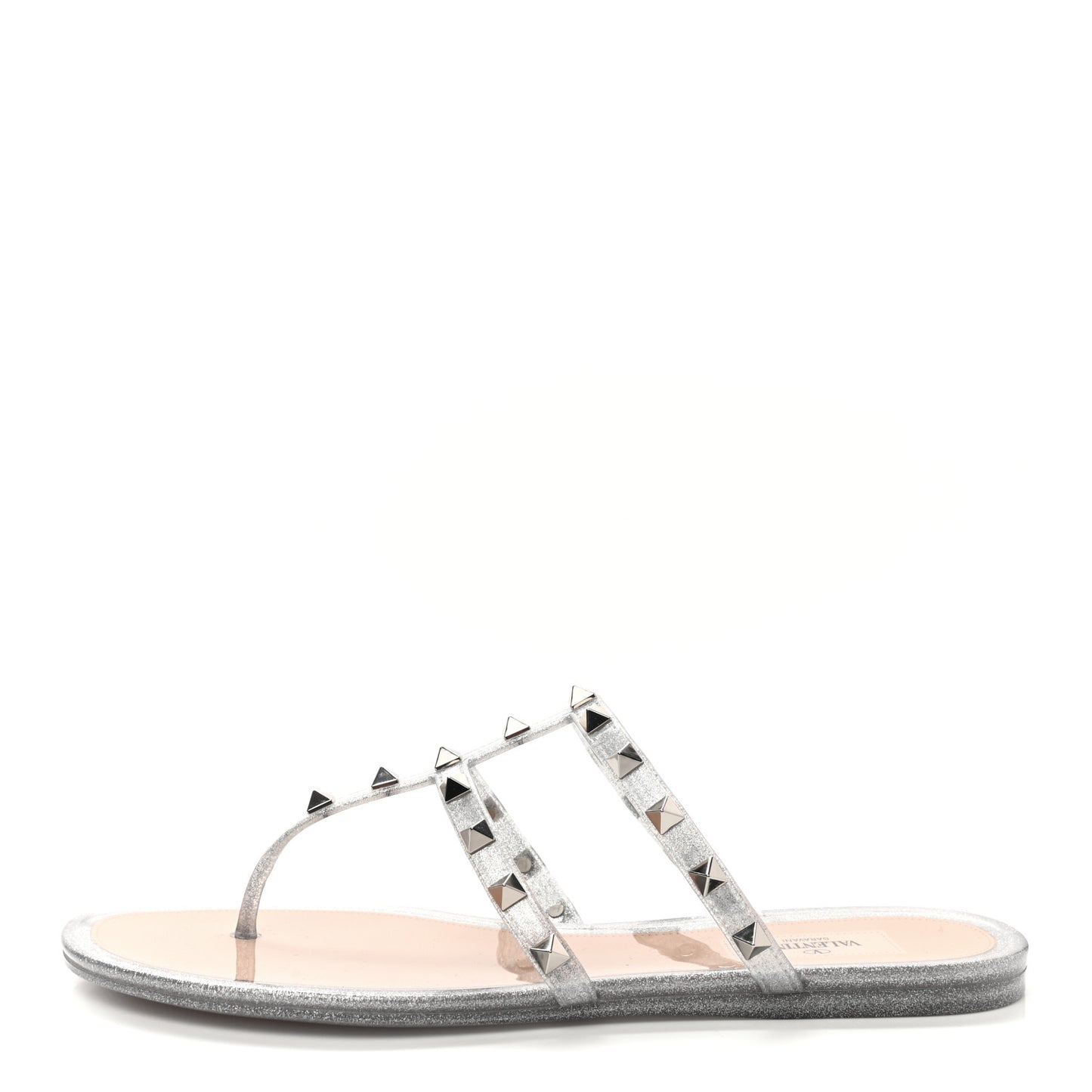 PVC Jelly Glitter Rockstud Caged Flat Thong Sandals 40 Silver