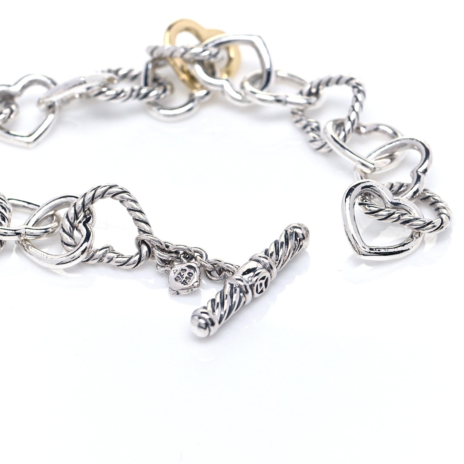 David Yurman Sterling Silver 18K Yellow Gold Cable Heart Link Bracelet 5 of 6