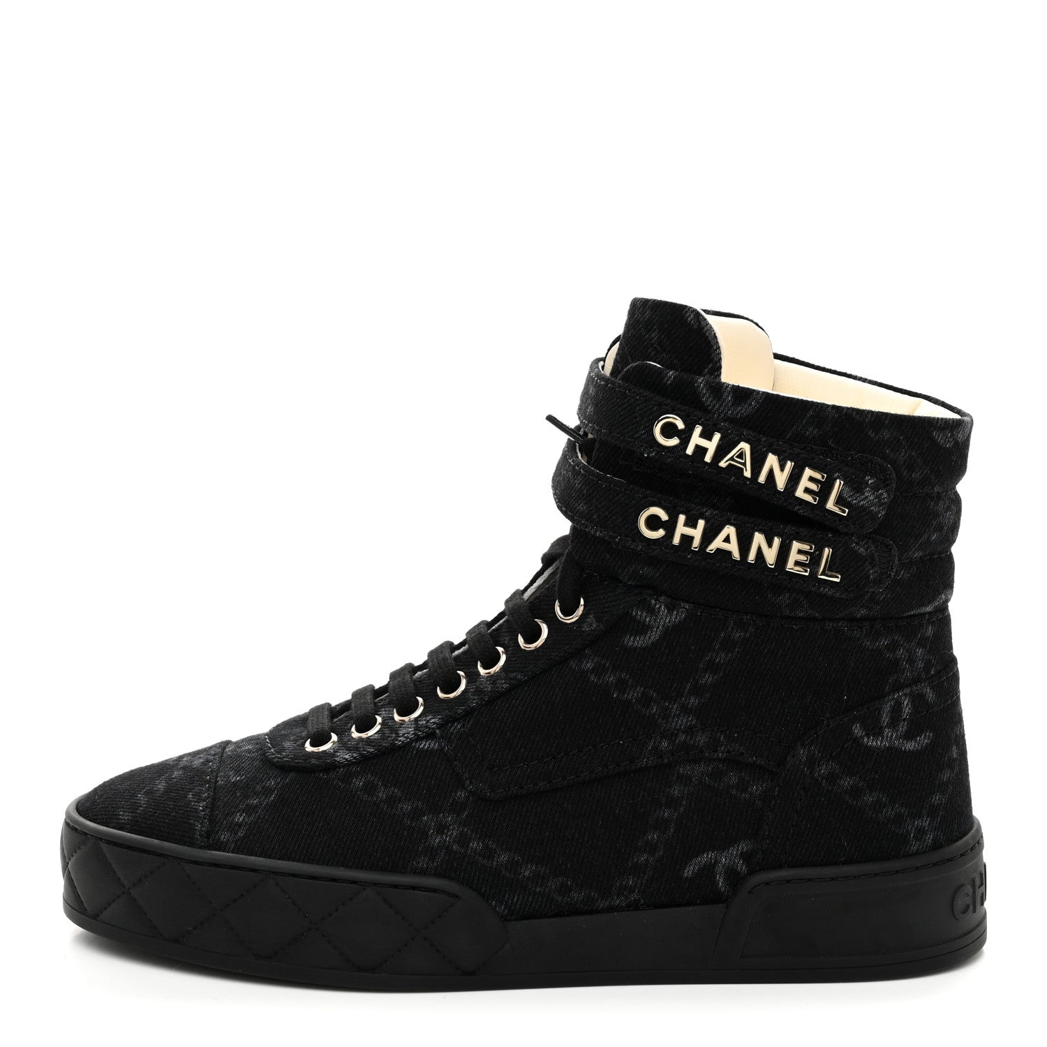 Chanel Printed Denim Logo High Top Sneakers 37.5 Black White 3 of 11