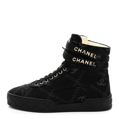 Chanel Printed Denim Logo High Top Sneakers 37.5 Black White 3 of 11