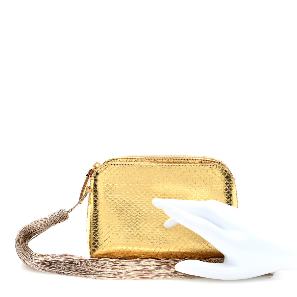Metallic Snakeskin Tassel Mini Wristlet Pouch Gold