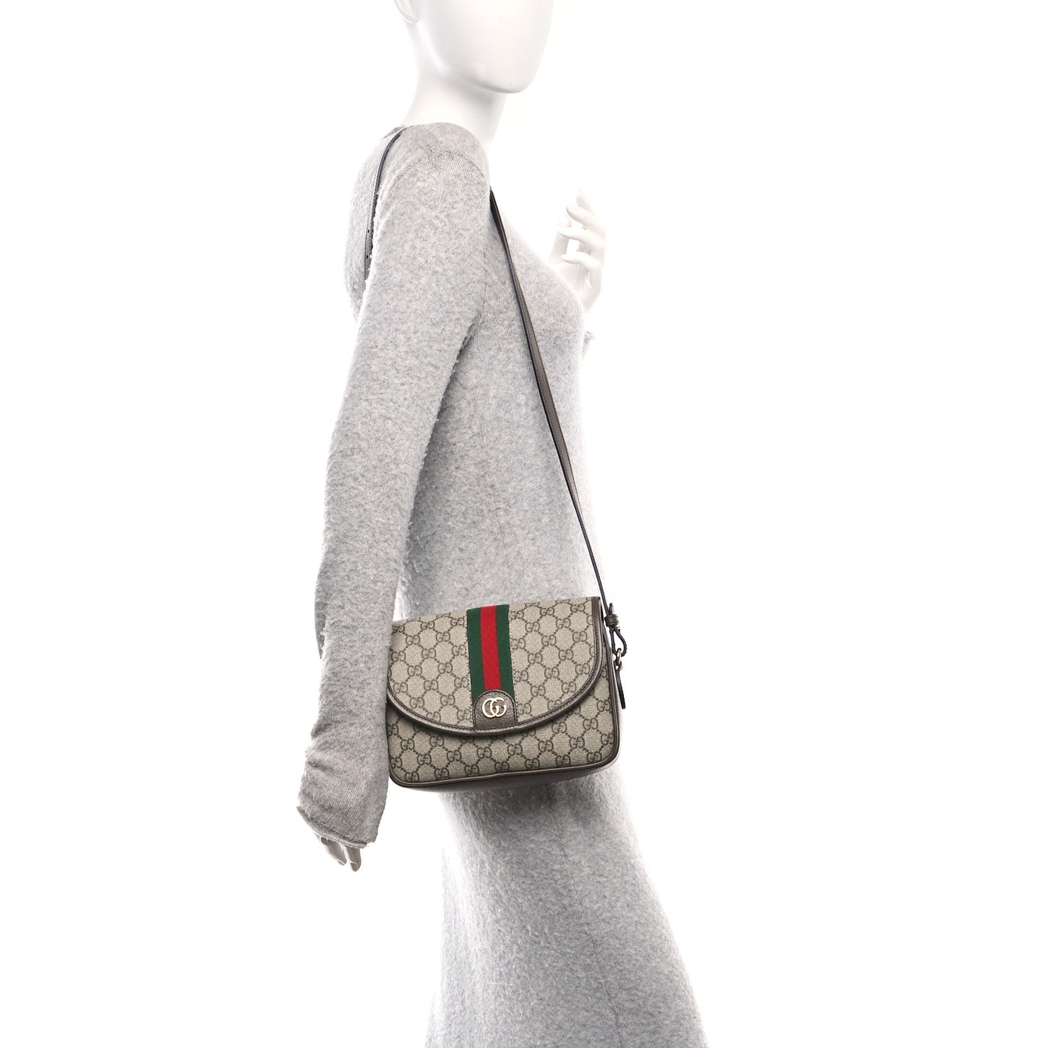 Gucci GG Supreme Monogram Textured Dollar Calfskin Web Studded Mini Ophidia Flap Shoulder Bag Beige Ebony New Acero 2 of 11