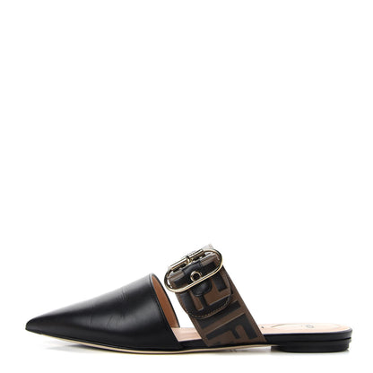 Fendi Vitello FF Embossed Pearland Buckle Flat Mules 39 Maya Black 1 of 11