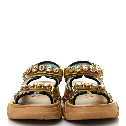 Gucci Silk Calfskin Mesh Crystal Embellished Studded Womens Aguru Sandals 40 Gold 2 of 7