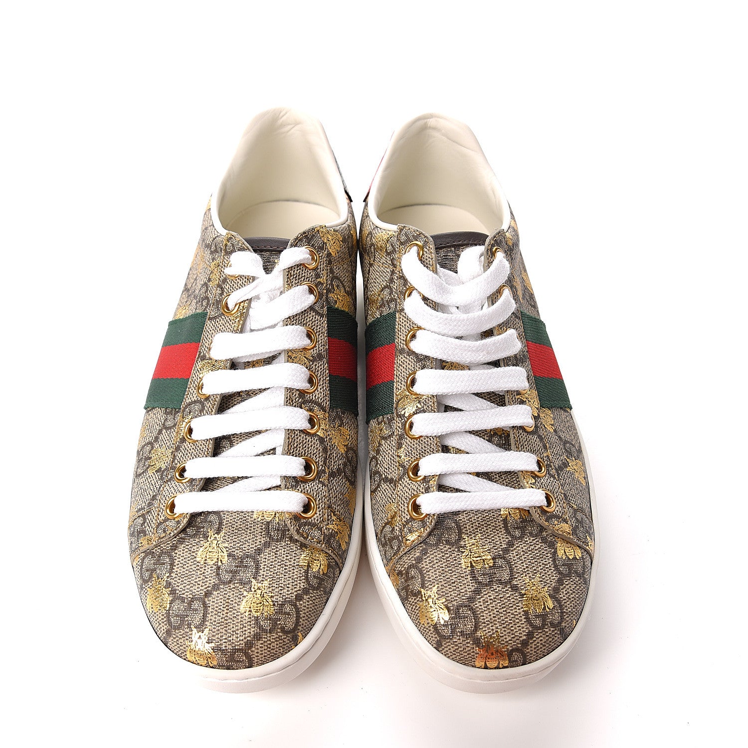 Gucci GG Supreme Monogram Bees Ayers Web Womens Ace Sneakers 37 Beige Oro Green Red 9 of 10