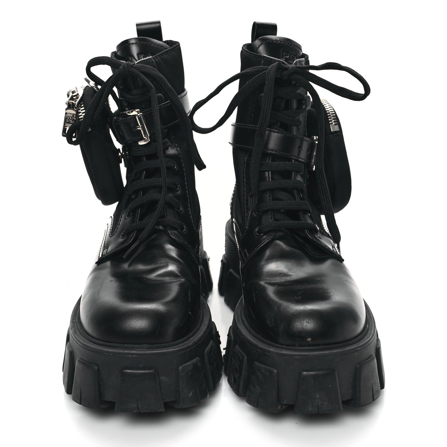 Prada Spazzolato Rois Nylon Metal Triangle Logo Monolith Pouch Pocket 55mm Boots 35.5 Black 3 of 18