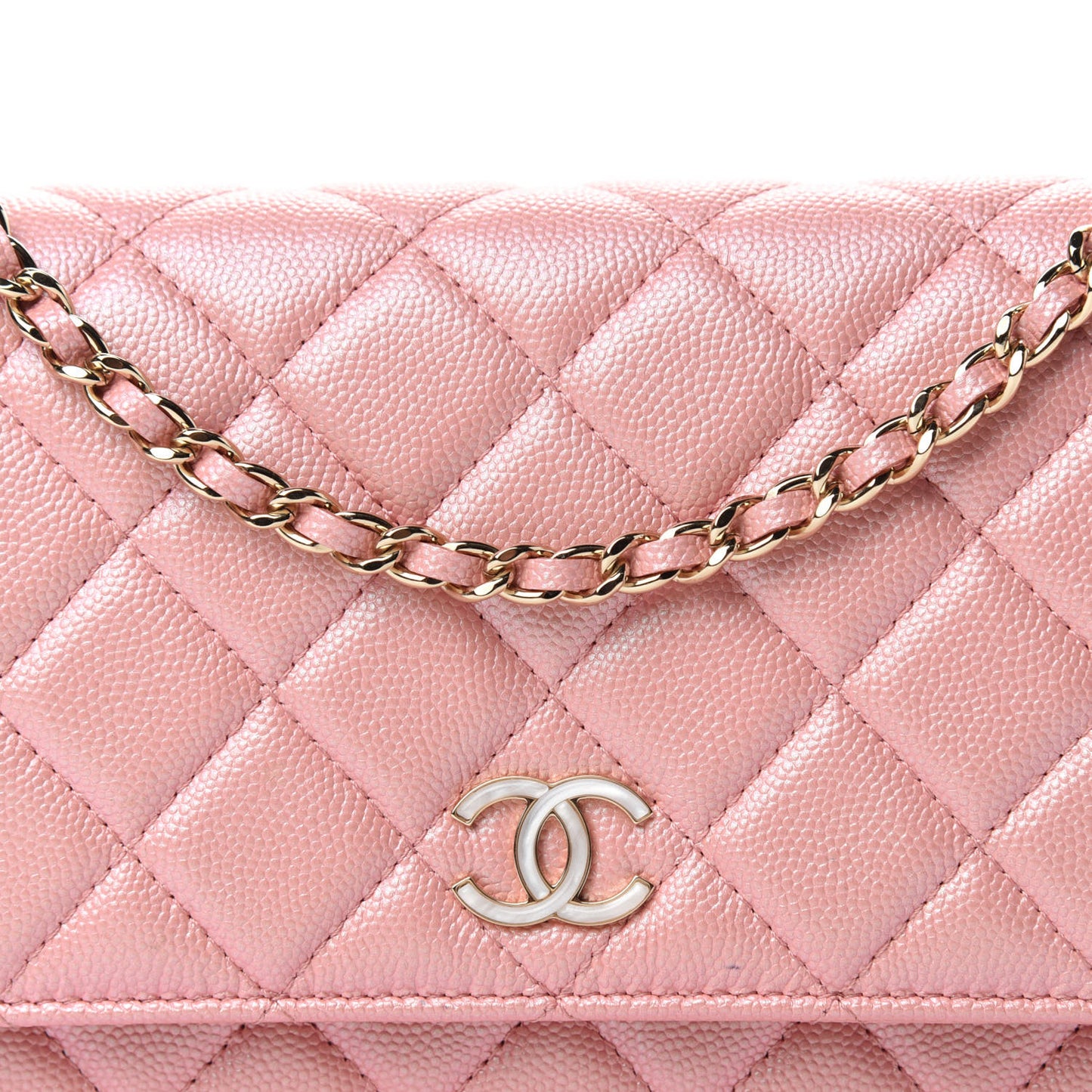 Iridescent Caviar Quilted Wallet on Chain WOC Rose Pink