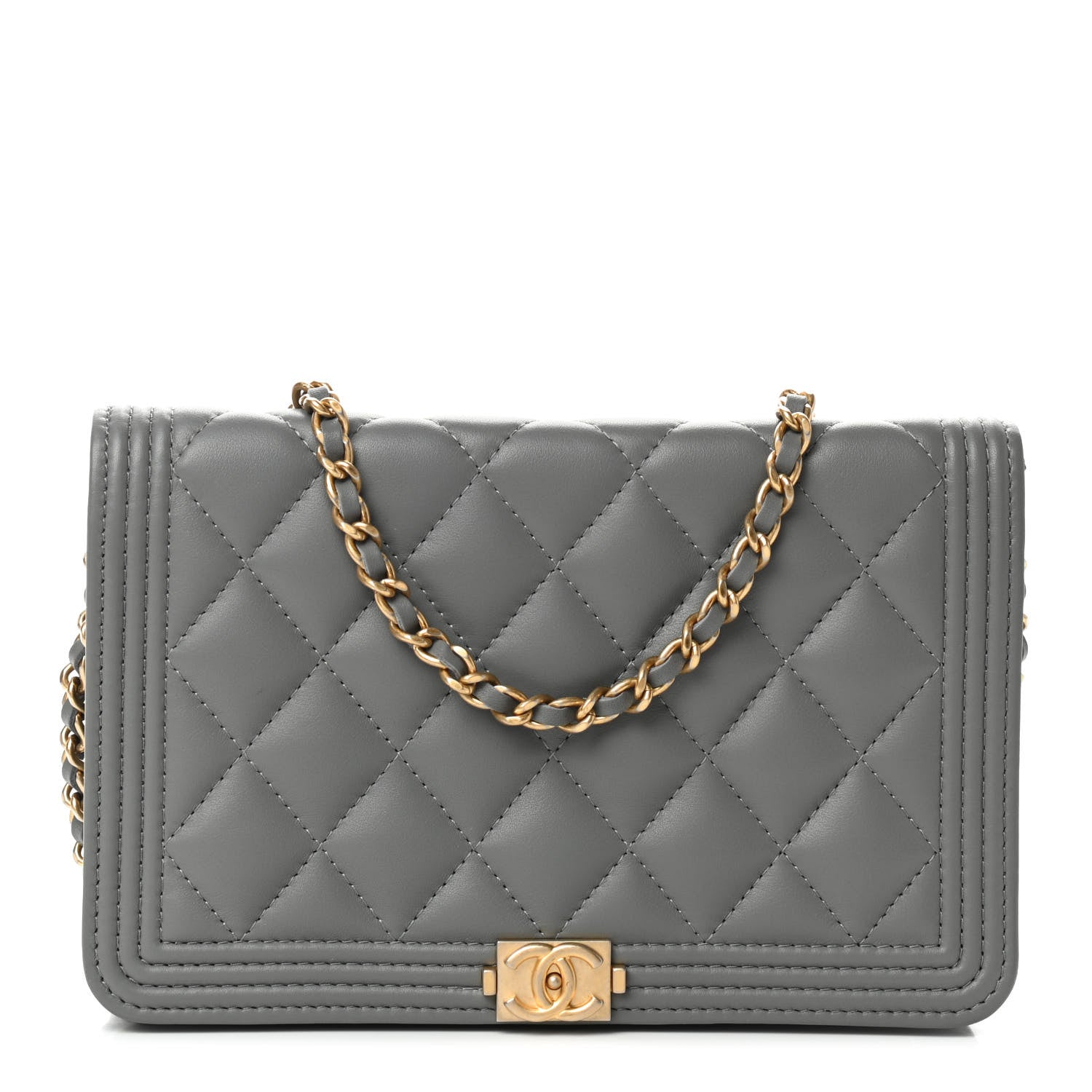 Chanel Lambskin Quilted Boy Wallet On Chain WOC Grey 1 of 10