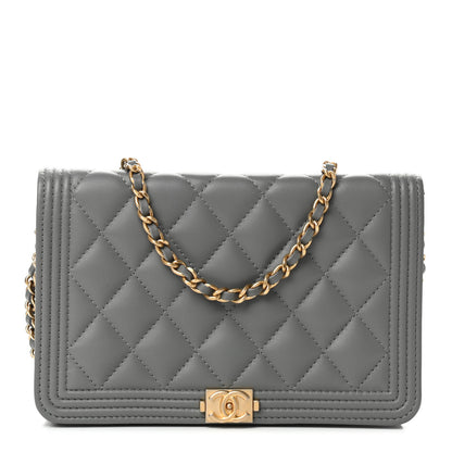 Chanel Lambskin Quilted Boy Wallet On Chain WOC Grey 1 of 10