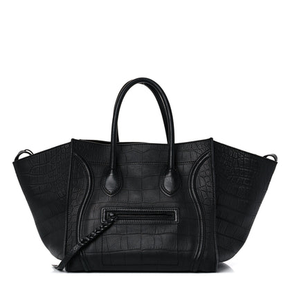 Celine Calfskin Crocodile Embossed Medium Phantom Luggage Black 1 of 28