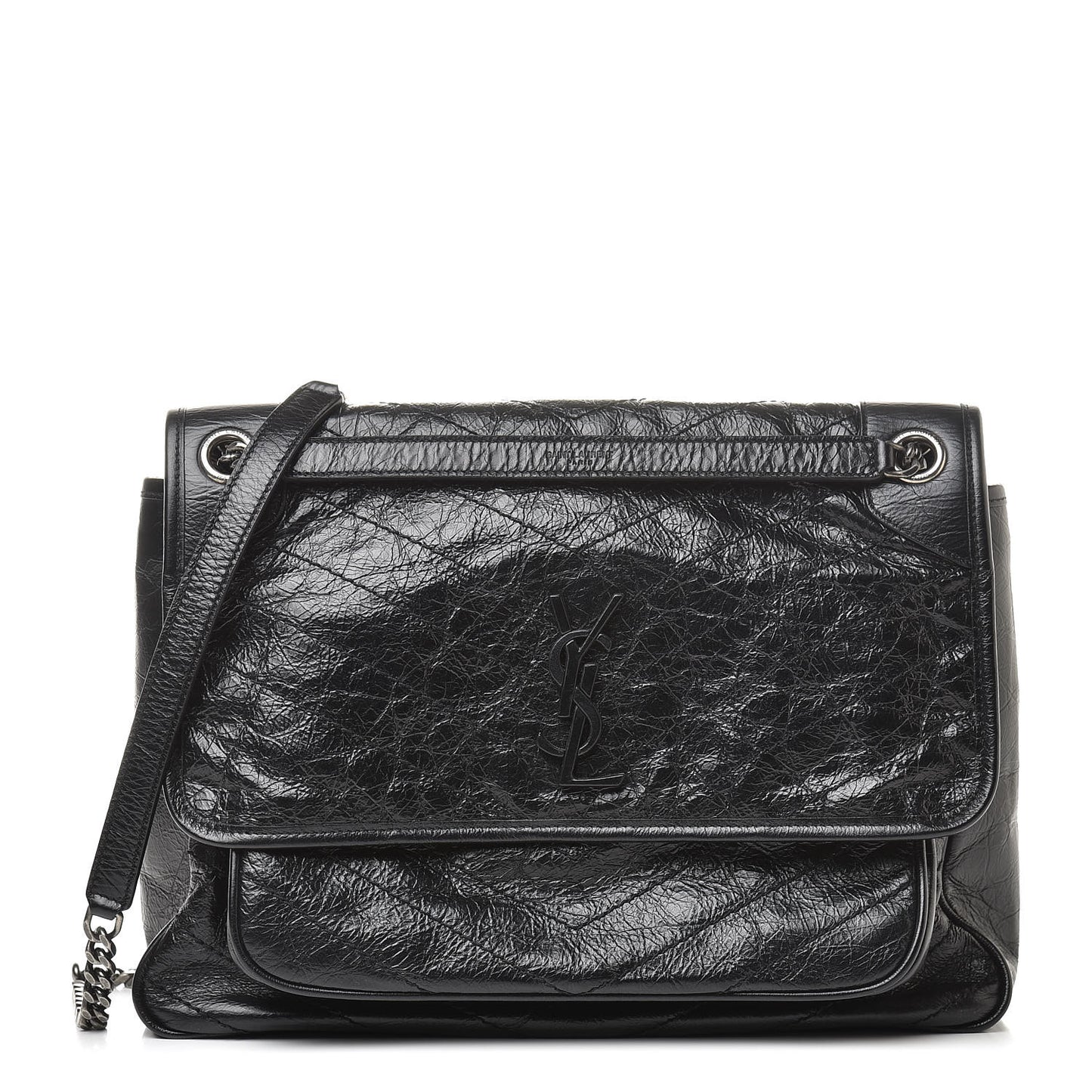 Crinkled Calfskin Matelasse Monogram Large Niki Chain Satchel Black