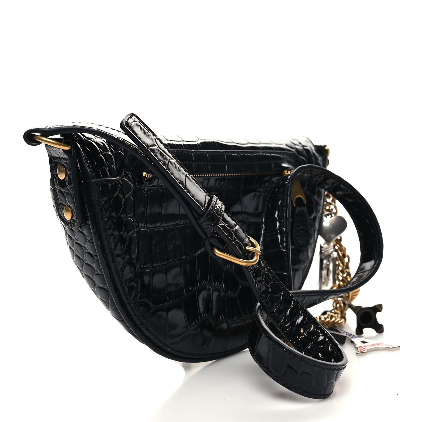 Calfskin Crocodile Embossed Souveniers Charms Belt Bag Black