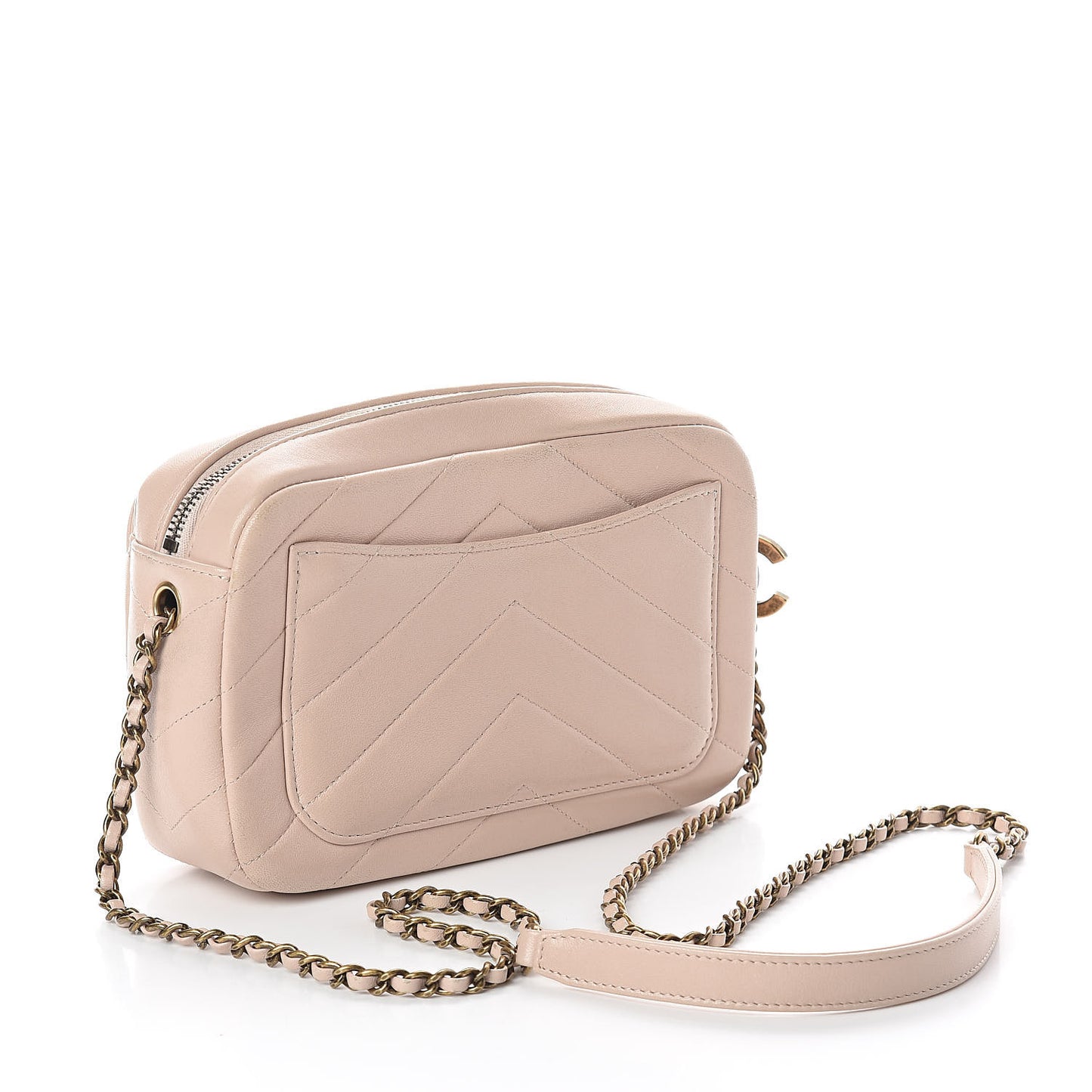 Shiny Lambskin Chevron Stitched Small Coco Camera Case Beige