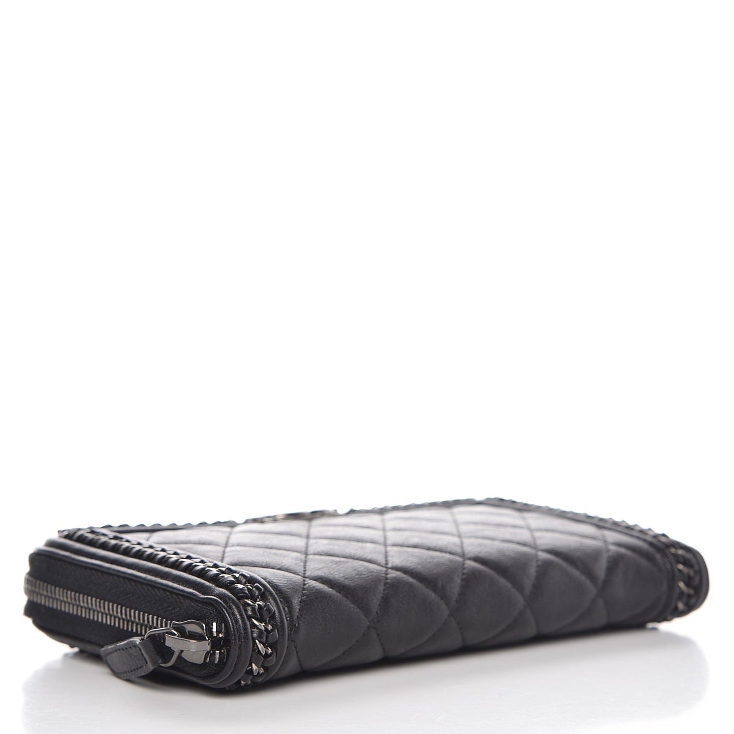 Calfskin Quilted Boy Chain Large Gusset Zip Around Wallet Black