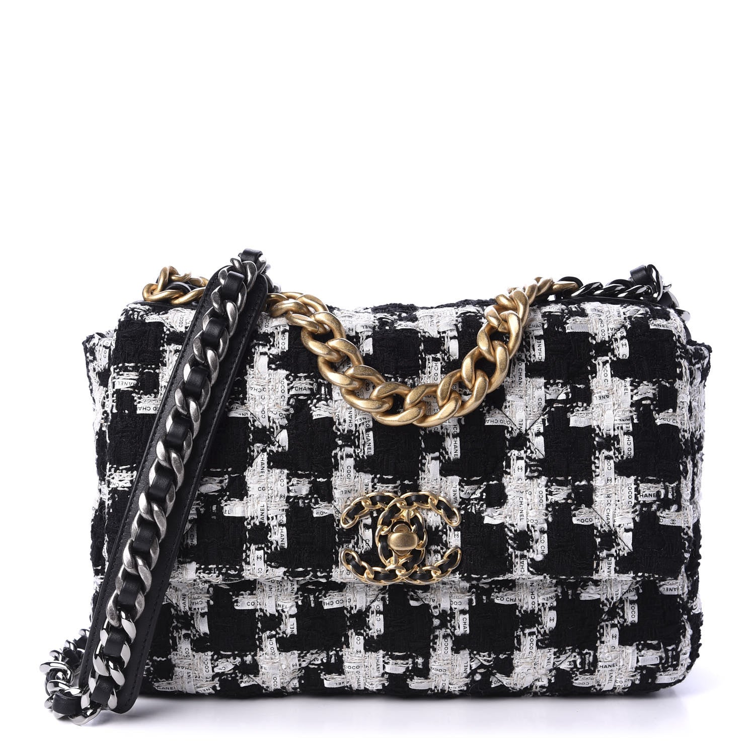 Chanel Tweed Quilted Medium 19 Flap Black Ecru White 1 of 11