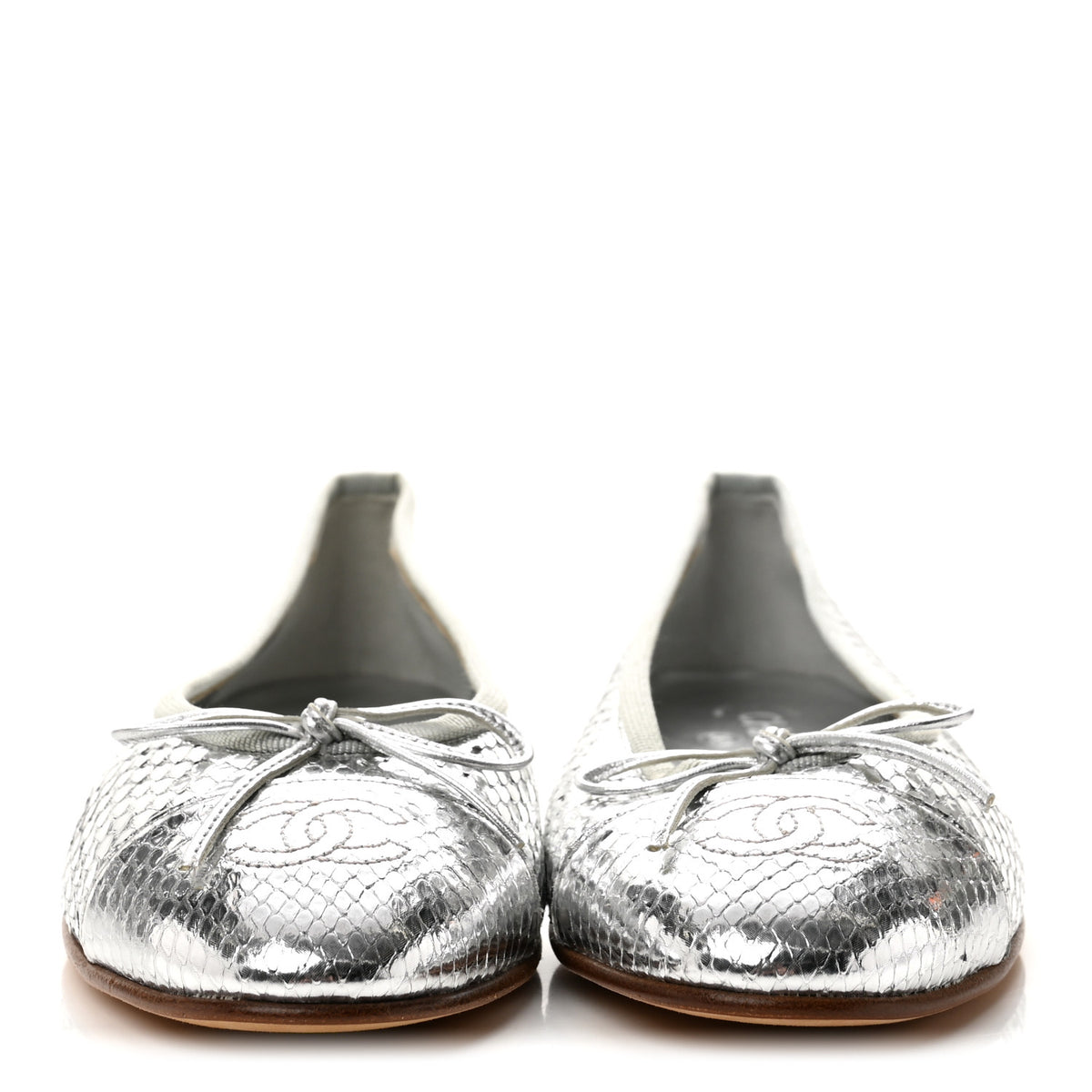 Chanel Metallic Snakeskin Cap Toe CC Ballerina Flats 37.5 Silver 3 of 9